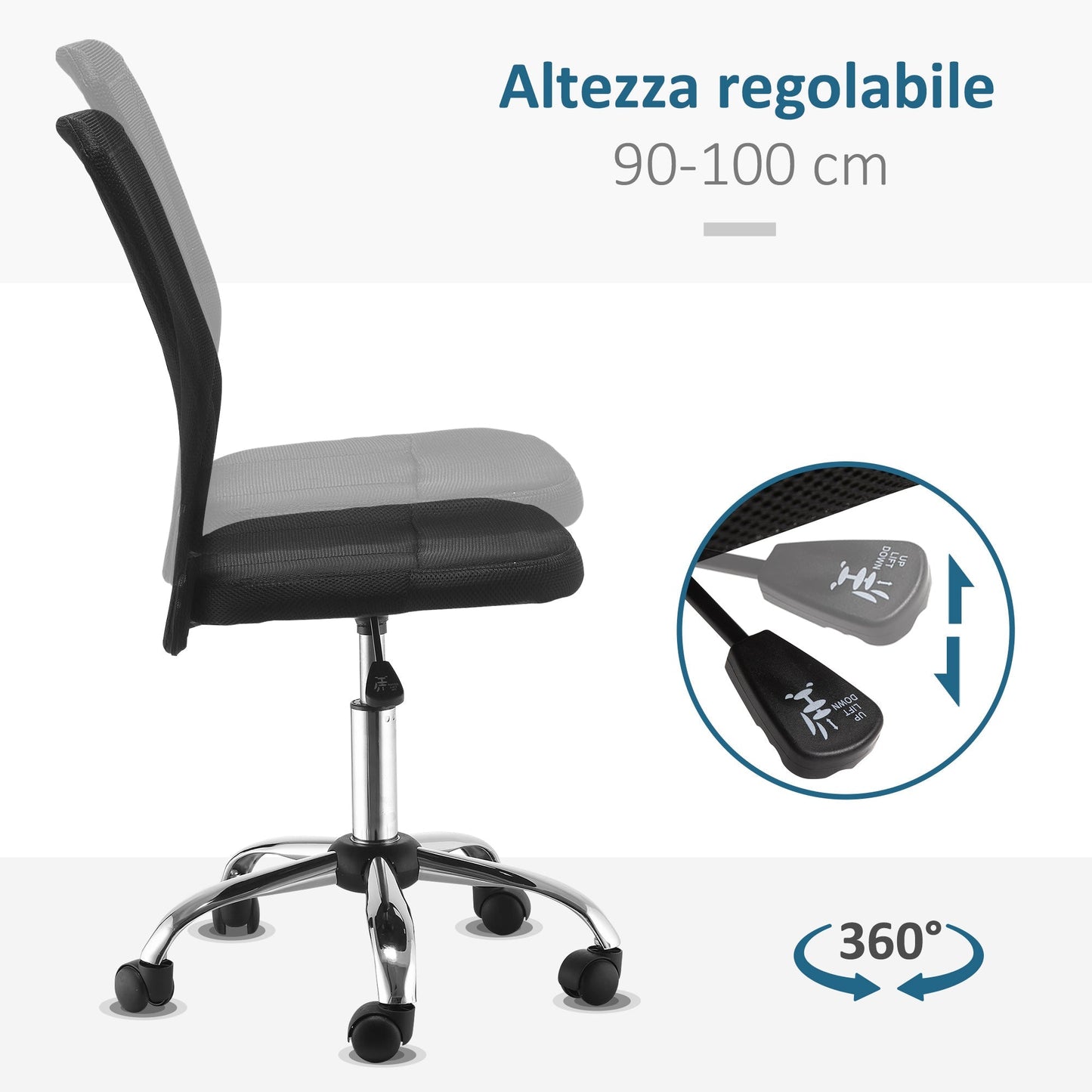 Ergonomic office chair without armrests, breathable mesh fabric, adjustable height and 5 wheels, 43x58x90-100cm, black - Borgè