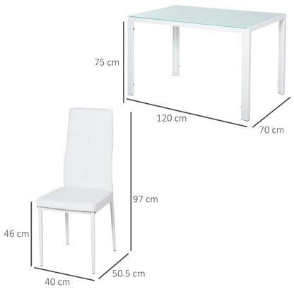 Set 5 pieces with 1 table and 4 kitchen chairs or dining room in the same -like, metal and tempered glass, white - Borgè