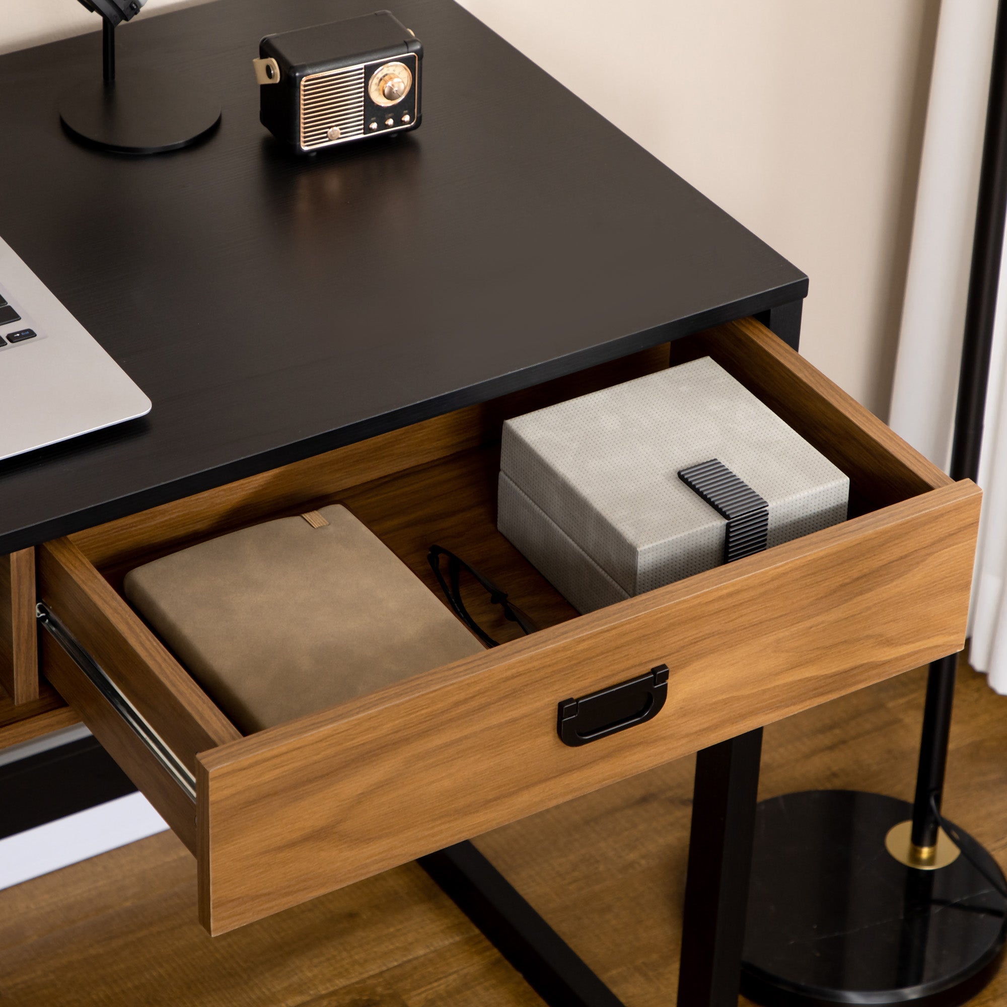 desk for room and office with industrial style drawer, 110x50x76cm, walnut and black - Borgè