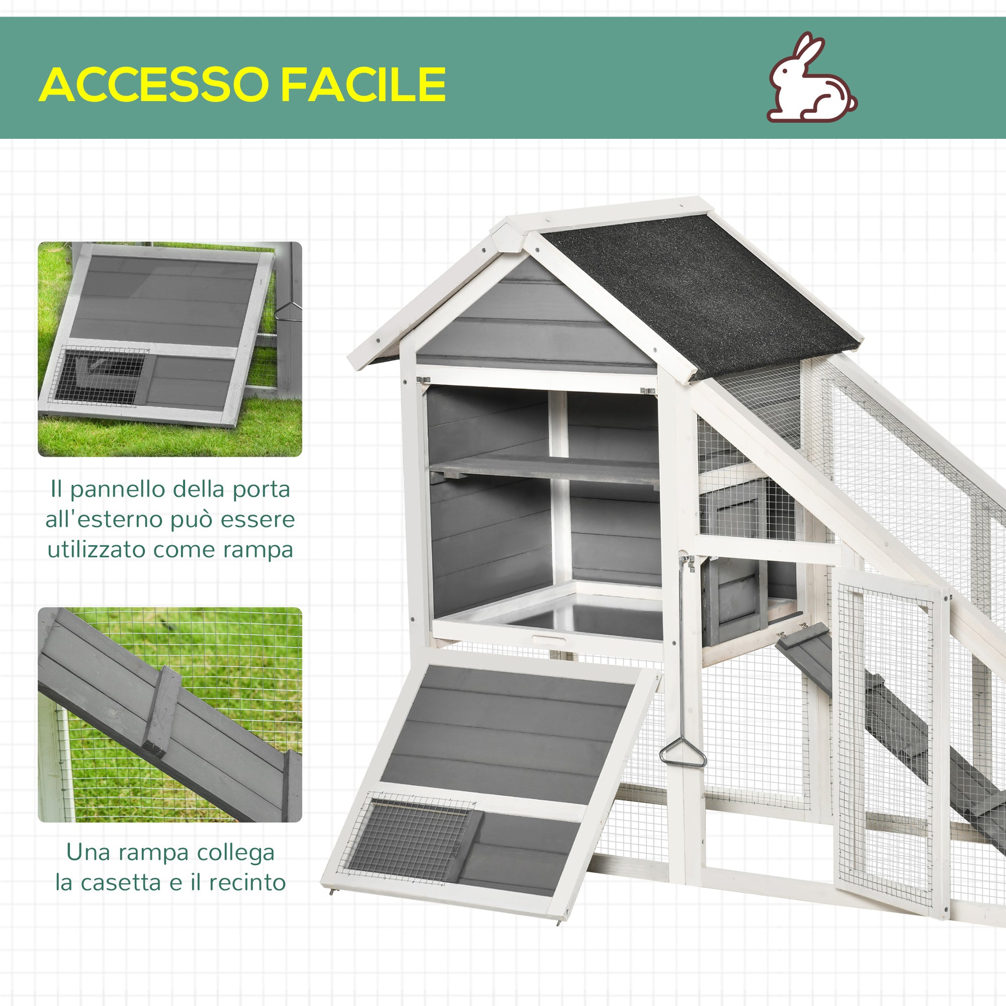 Wooden Rabbit Hutch with Open Area and Ramp, Rabbit Cage with Removable Bottom and Doors, 140x65x120 cm, Grey - Borge' Group Limited