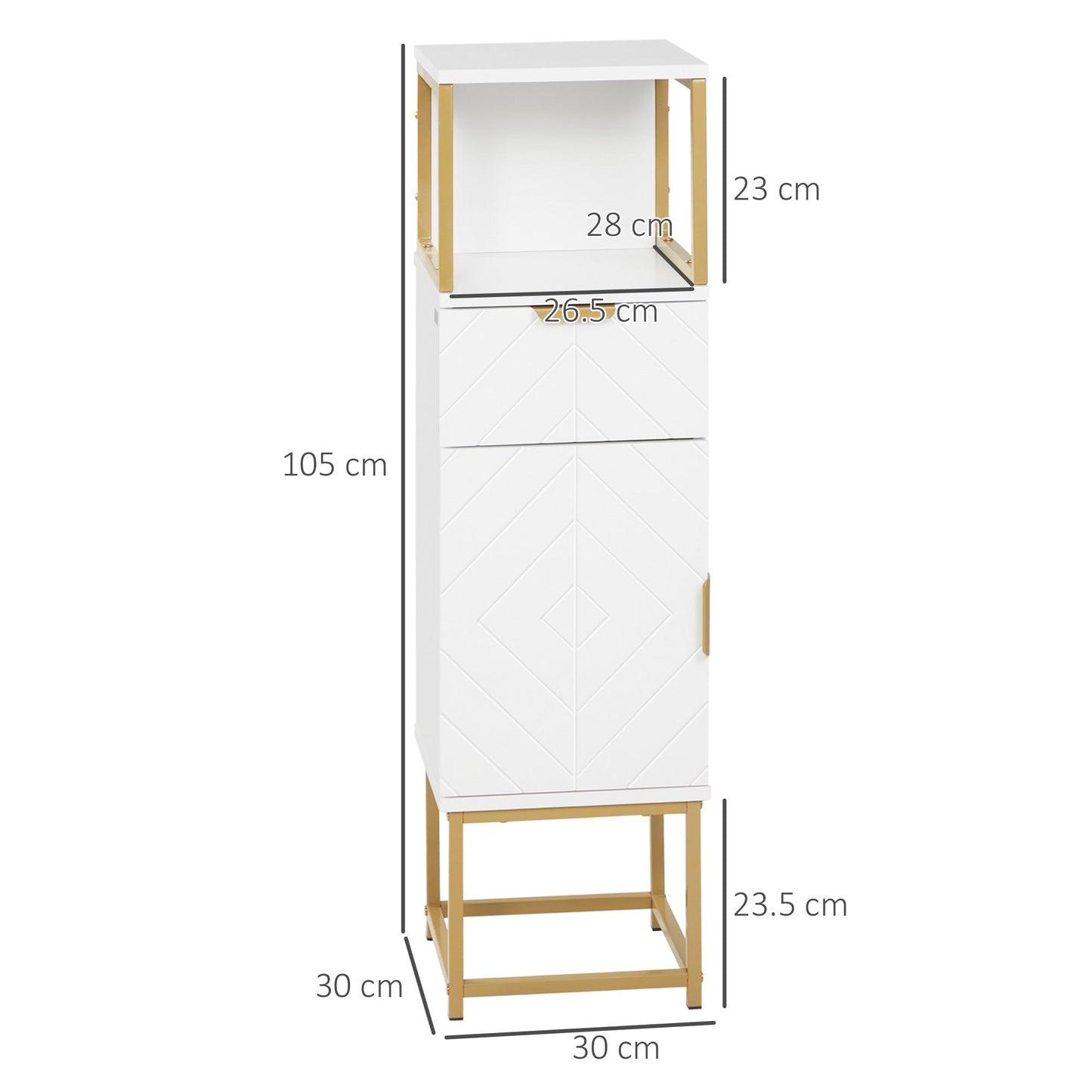 Kleankin Bathroom column mobile with drawer, cabinet and wooden shelf and metal, 30x30x105cm, white - Borgè