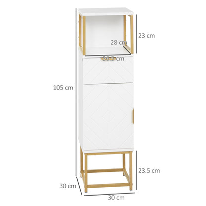 Kleankin Bathroom column mobile with drawer, cabinet and wooden shelf and metal, 30x30x105cm, white - Borgè