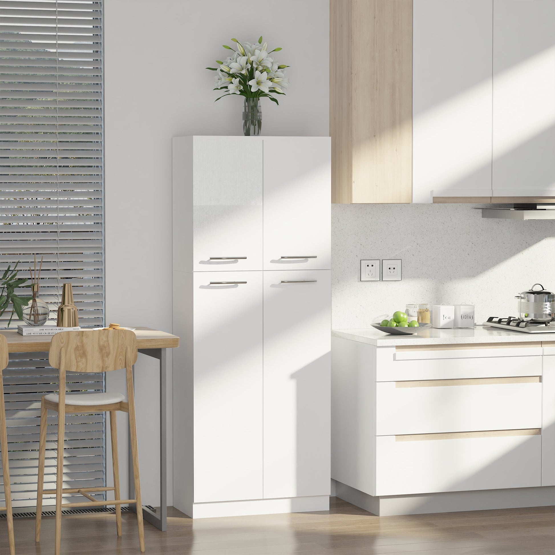 Multipurpose Pantry Cabinet with 2 Cabinets and Adjustable Shelves, MDF, 59x31x155cm, White - Borgè