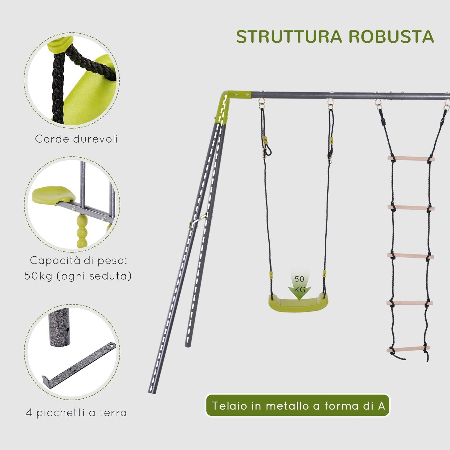 children's playground with Cavalluccio swing and scaletta in resistant metal structure, green - Borgè