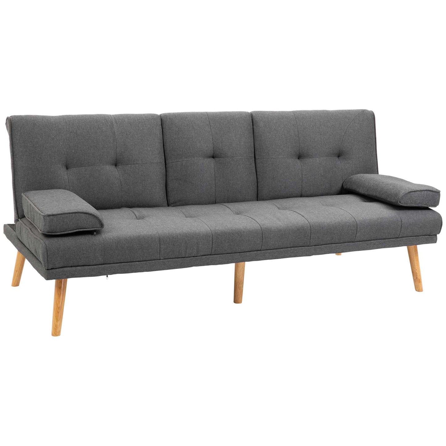 Sofa bed 3 seats reclining with 2 detachable armrests, in linen effect fabric and poplar wood, 181x77x78 cm - Borgè