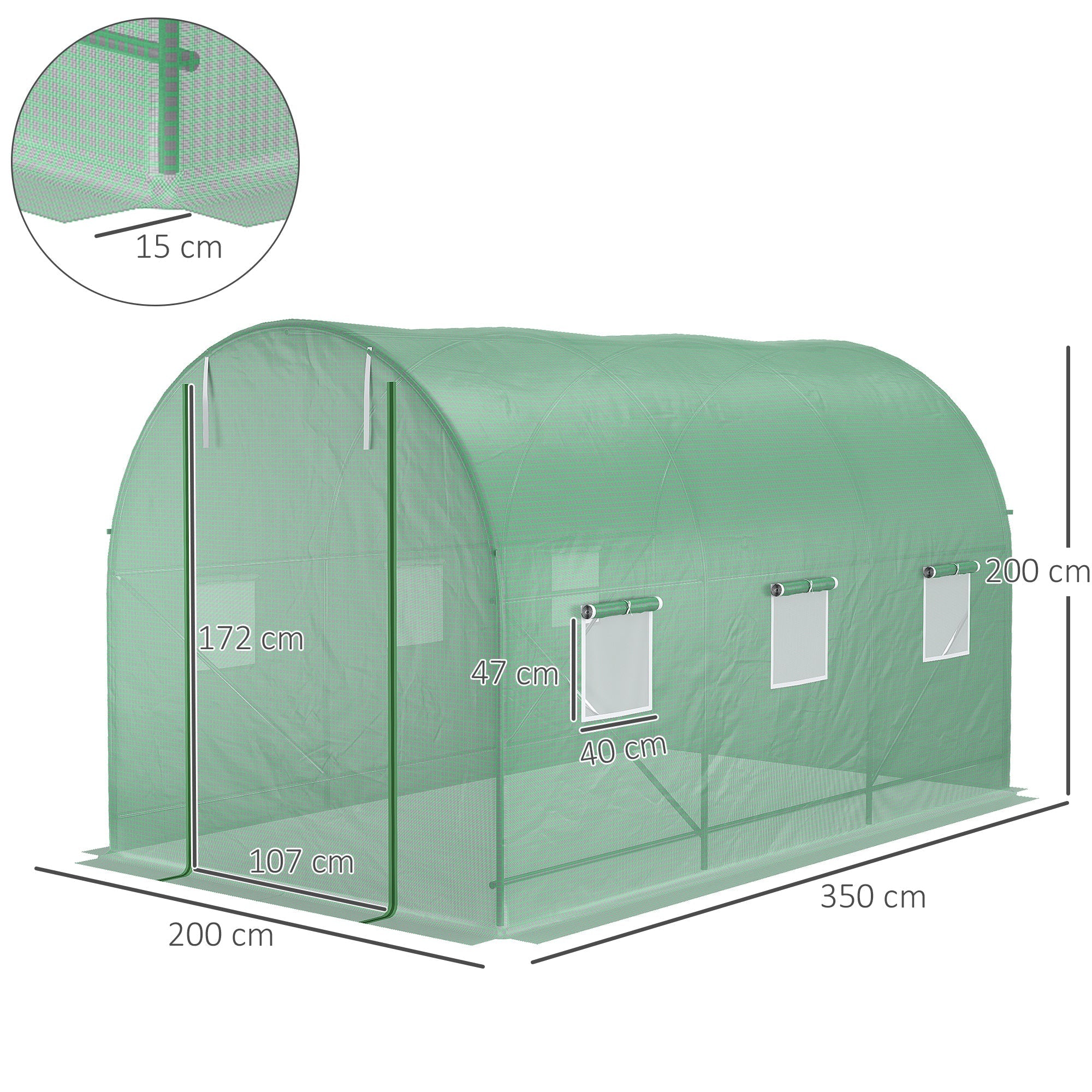 3.5x2x2m PE and Metal Tunnel Greenhouse for Vegetable Garden with 6 Windows and Roller Door, Green - Borge' Group Limited