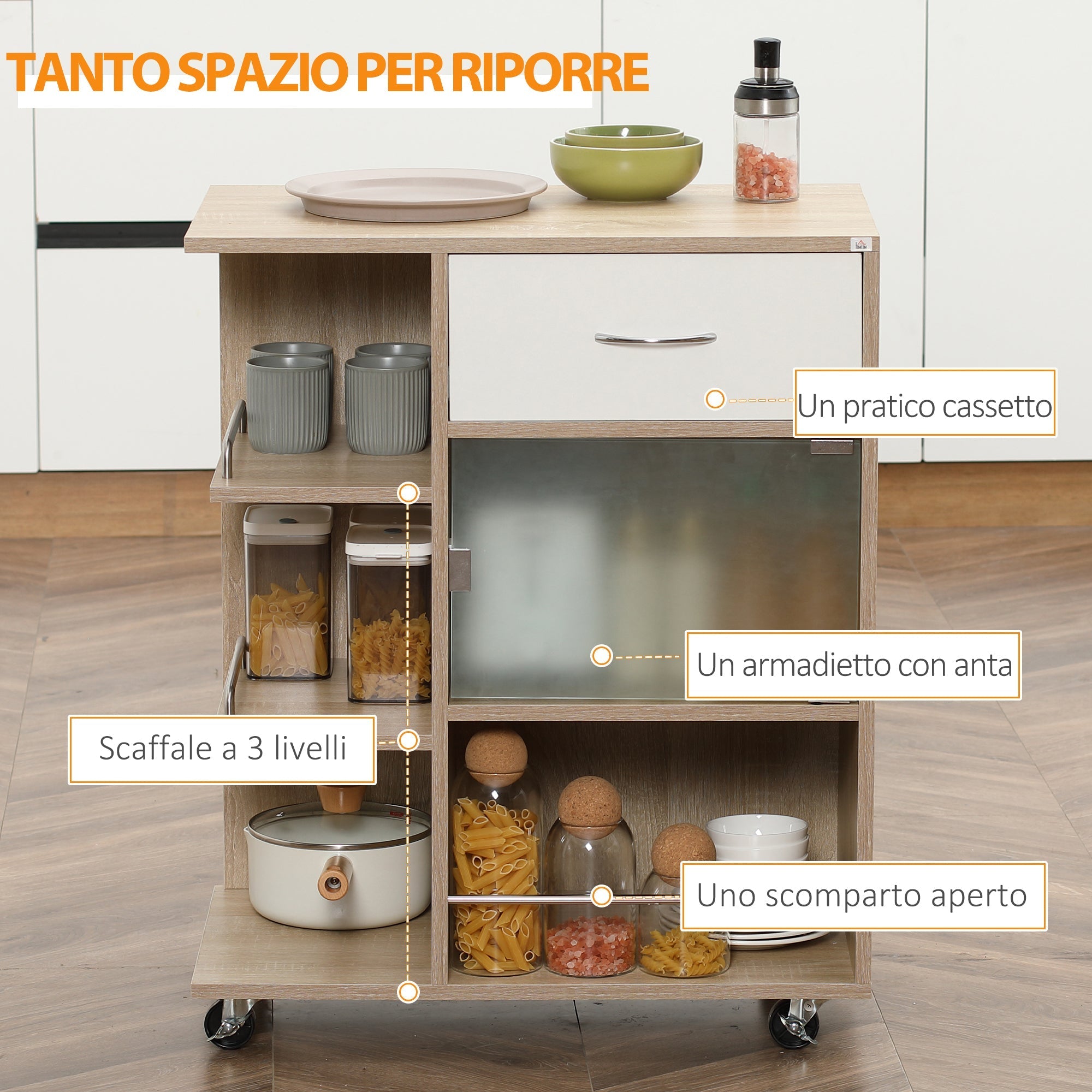 Kitchen Trolley spirits with drawer, shelves and wooden cabinet, steel and glass, 65x39x80cm - Borgè