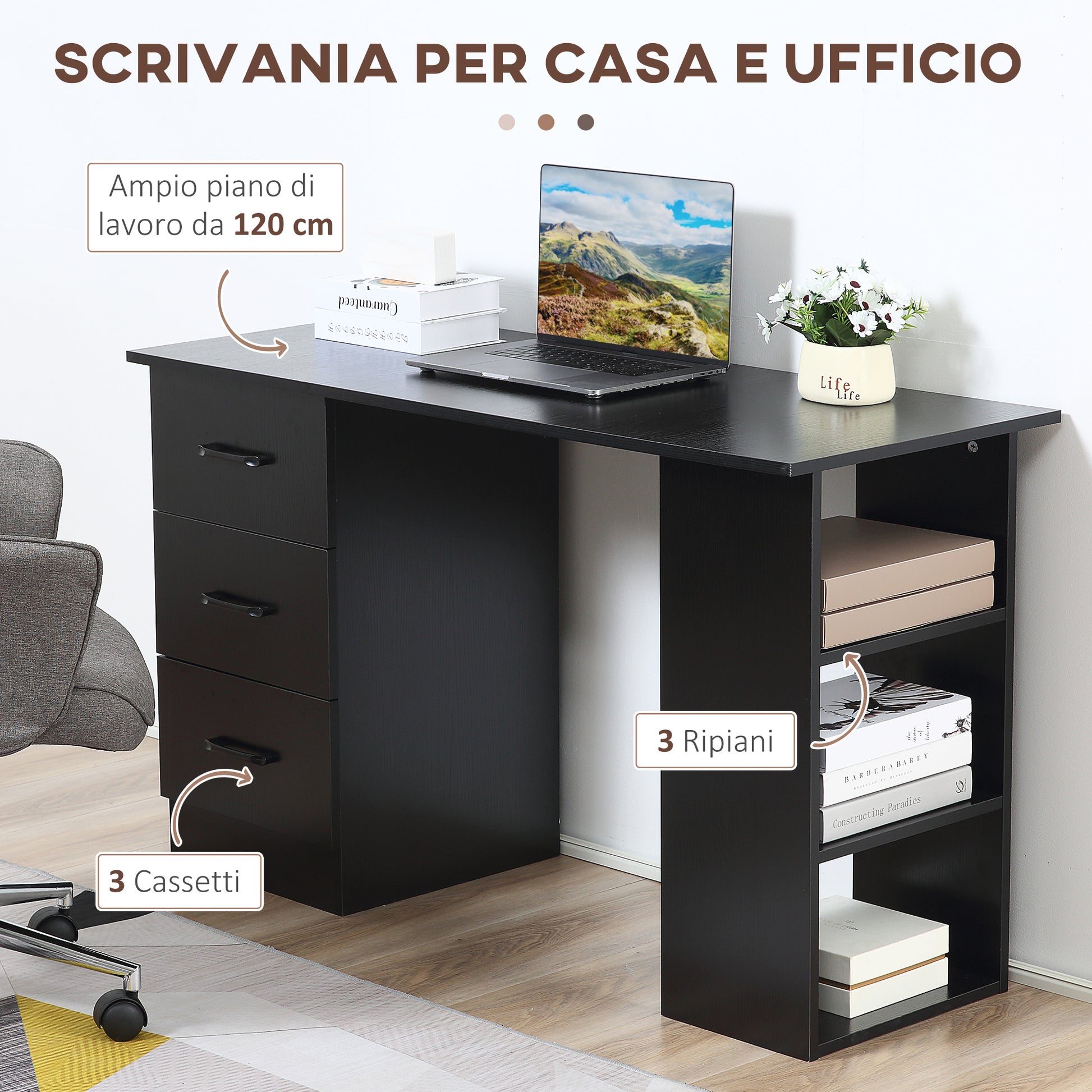 Homcom Modern Wooden desk with 3 drawers and 3 shelves for room and office, 120x49x72cm, black - Borgè