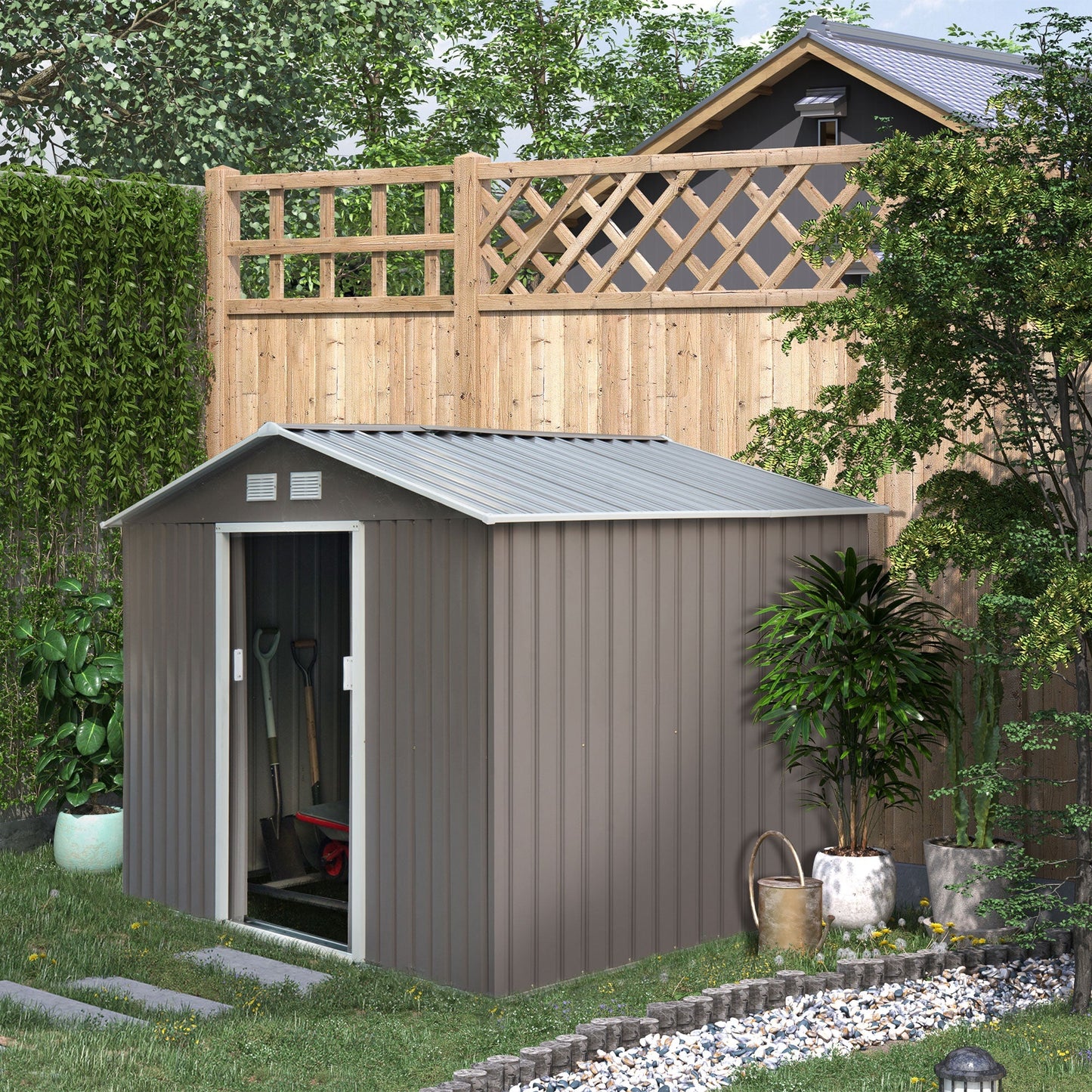 Outsunny garden house with double sliding doors in steel sheet metal, steel garden shed, 277x195x192cm, Grey - Borgè