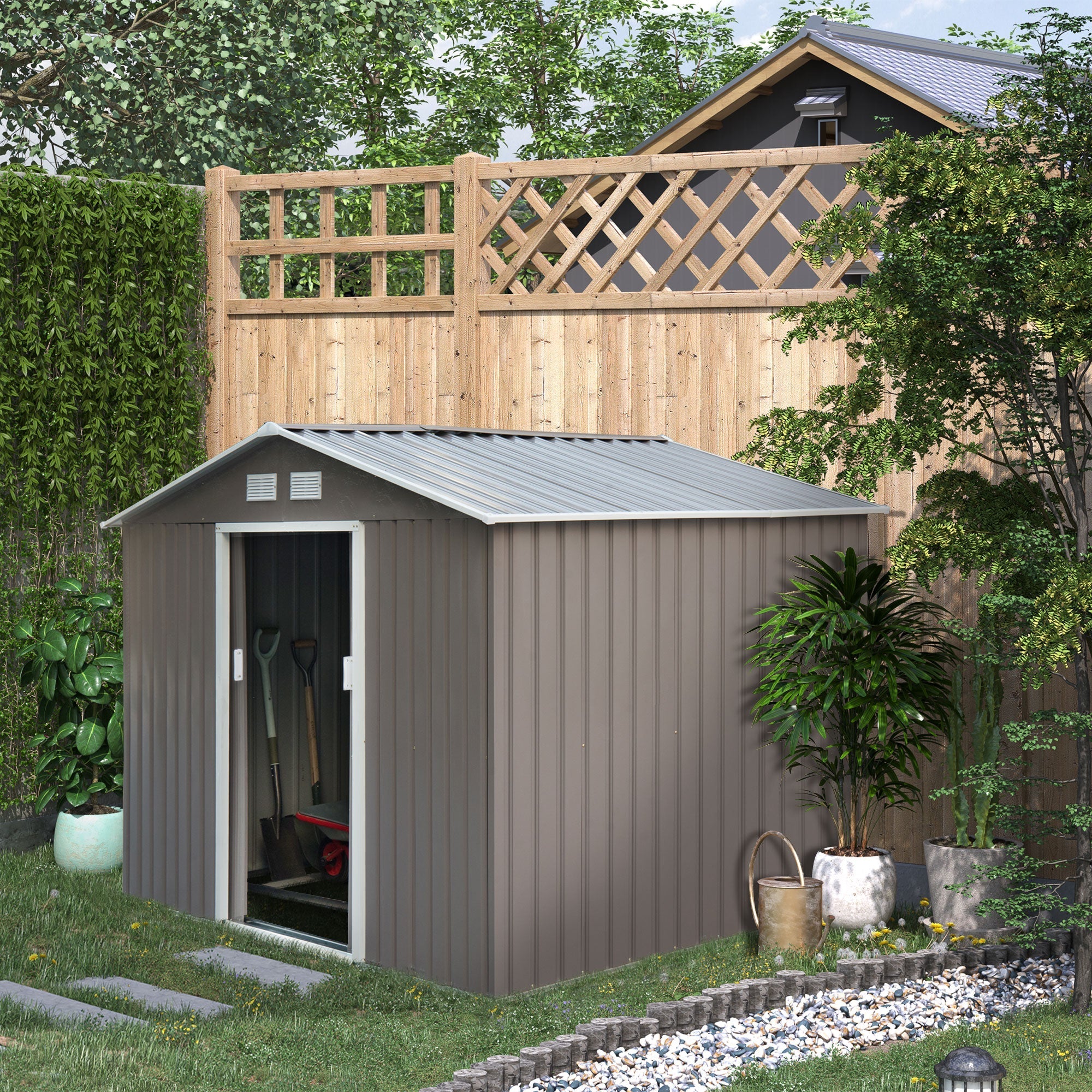 Garden Shed with Double Sliding Doors Steel Sheet, Steel Garden Shed, 277x195x192cm, Grey - Borge' Group Limited