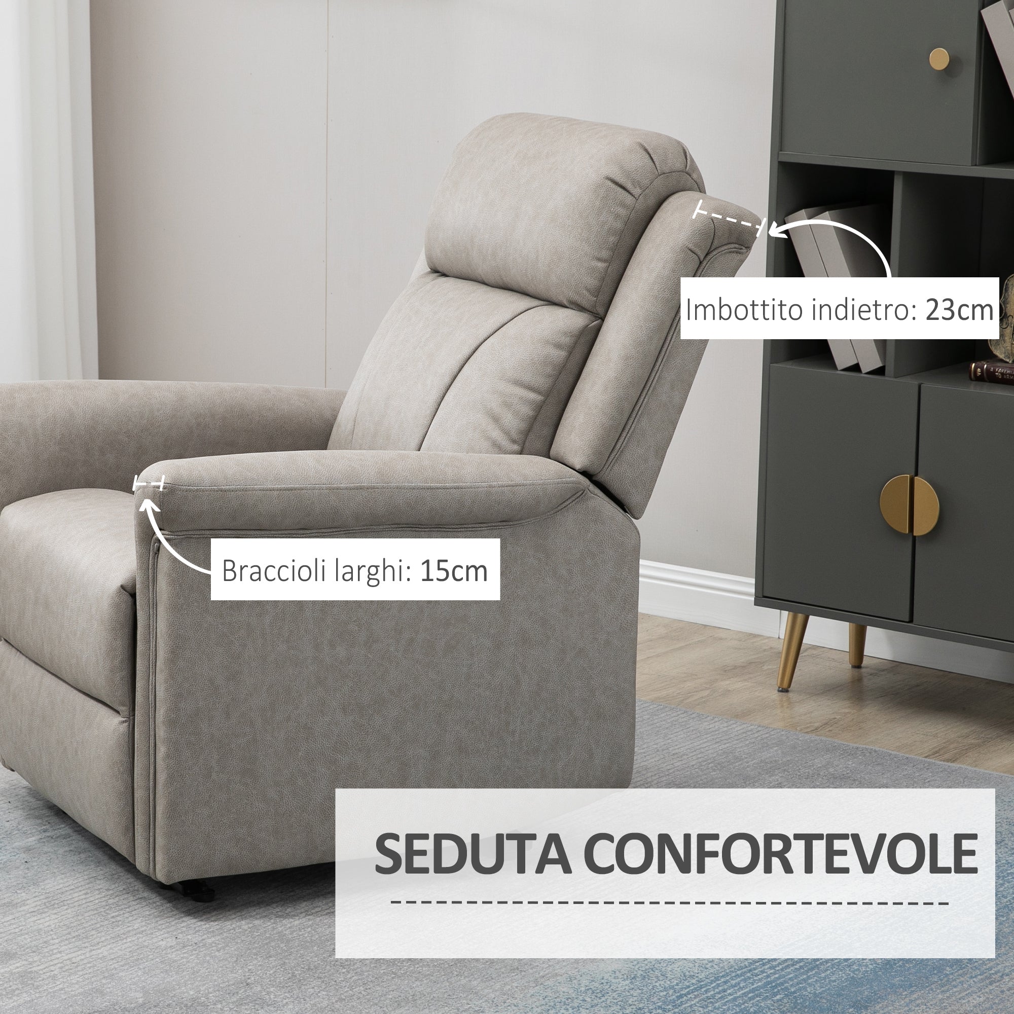 Retlinable armchair manually 135 ° with footrests, headrests and padded armrests, 78x96x102 cm, Grey - Borgè