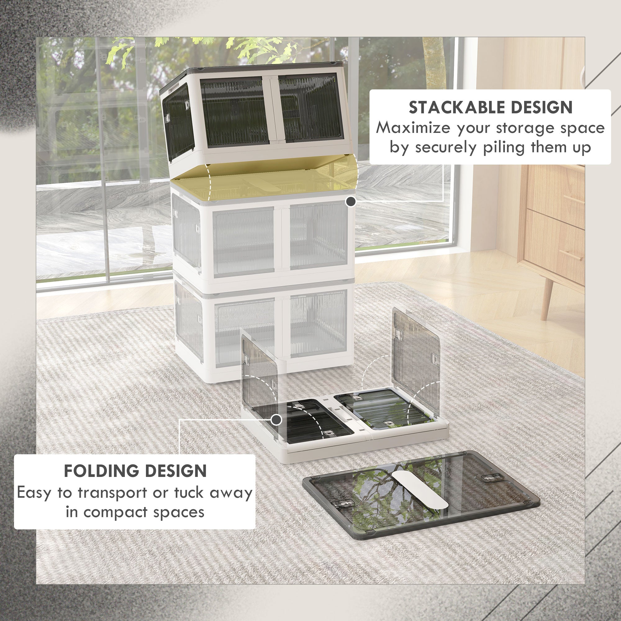 Homcom plastic container with stackable and folding lid from 69l, 5 openings and wheels, white - Borgè