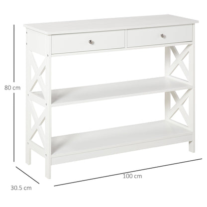 table console with 2 drawers and 2 shelves, entrance hall and living room in mdf, 100x30.5x80cm, white - Borgè