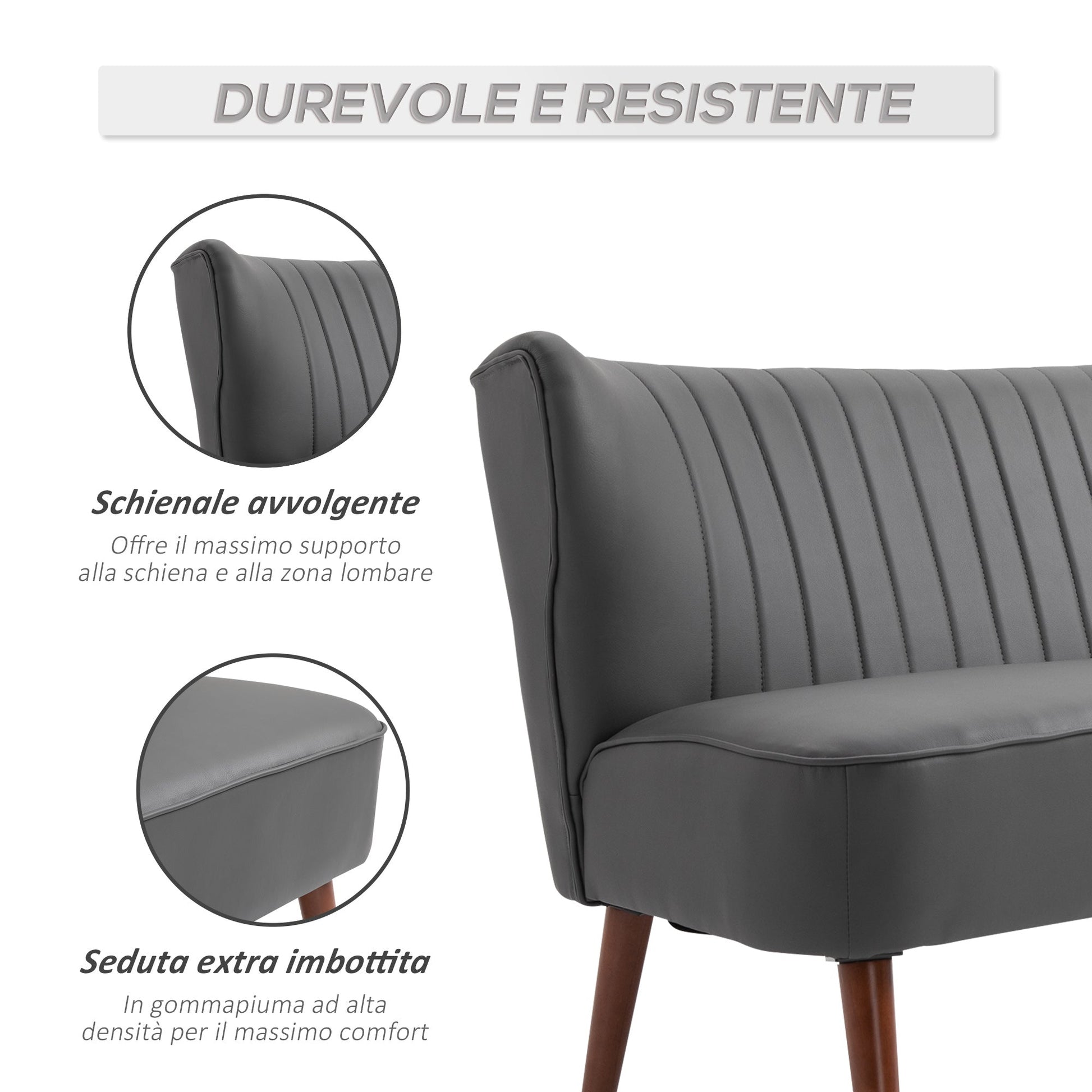 STELLE | Grey 2 Seater Sofa Grey Synthetic Leather with wooden legs - Borgè