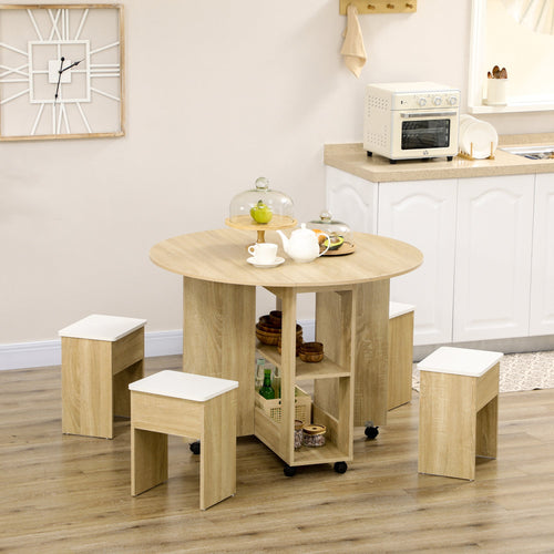 Homcom set table and chairs 5 pieces in chipboard, round table with 2 open shelves and 4 modern stools - Borgè