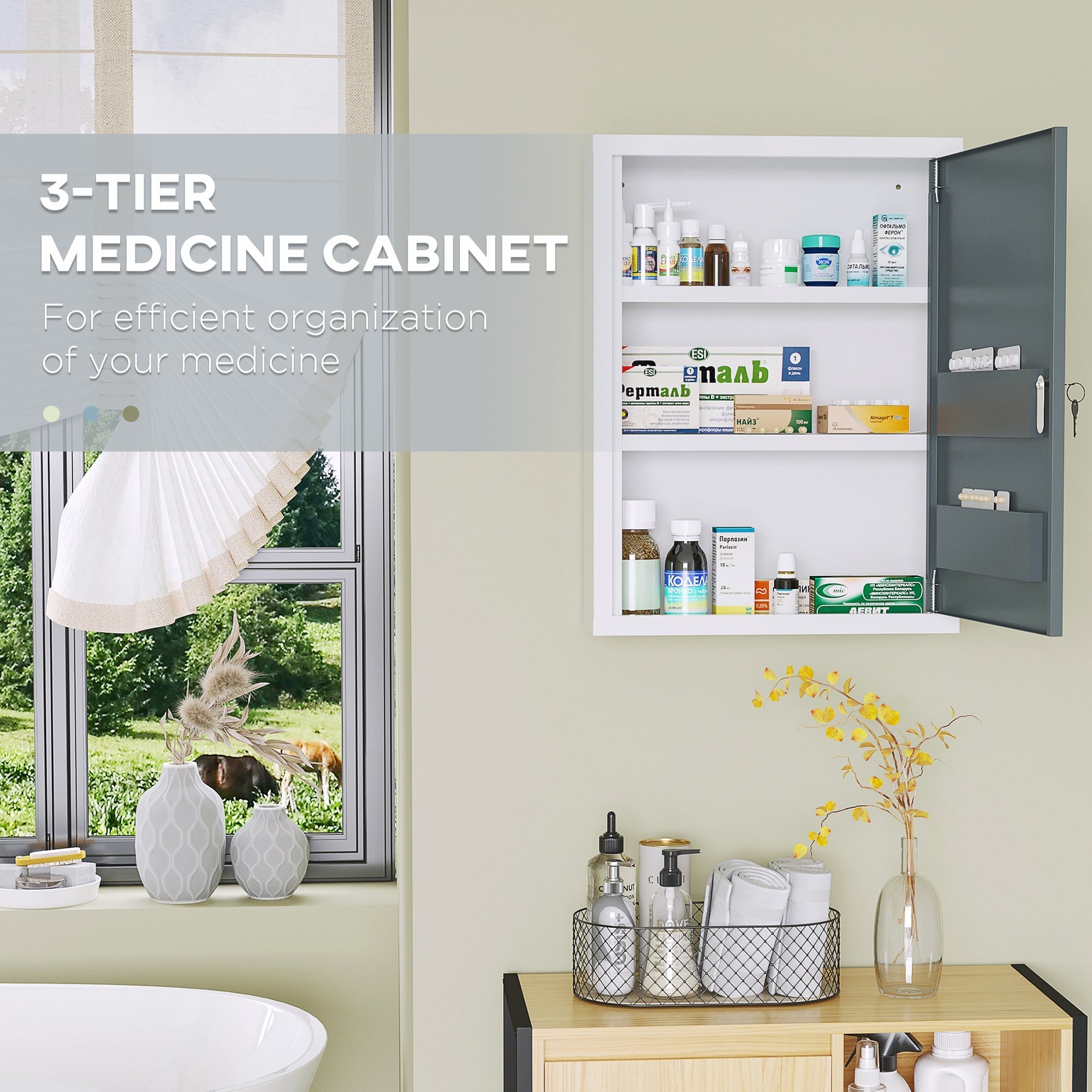 Kleankin Medicinal cabinet with 3 shelves and block with steel keys, 40x15x53.5cm, white and Grey - Borgè
