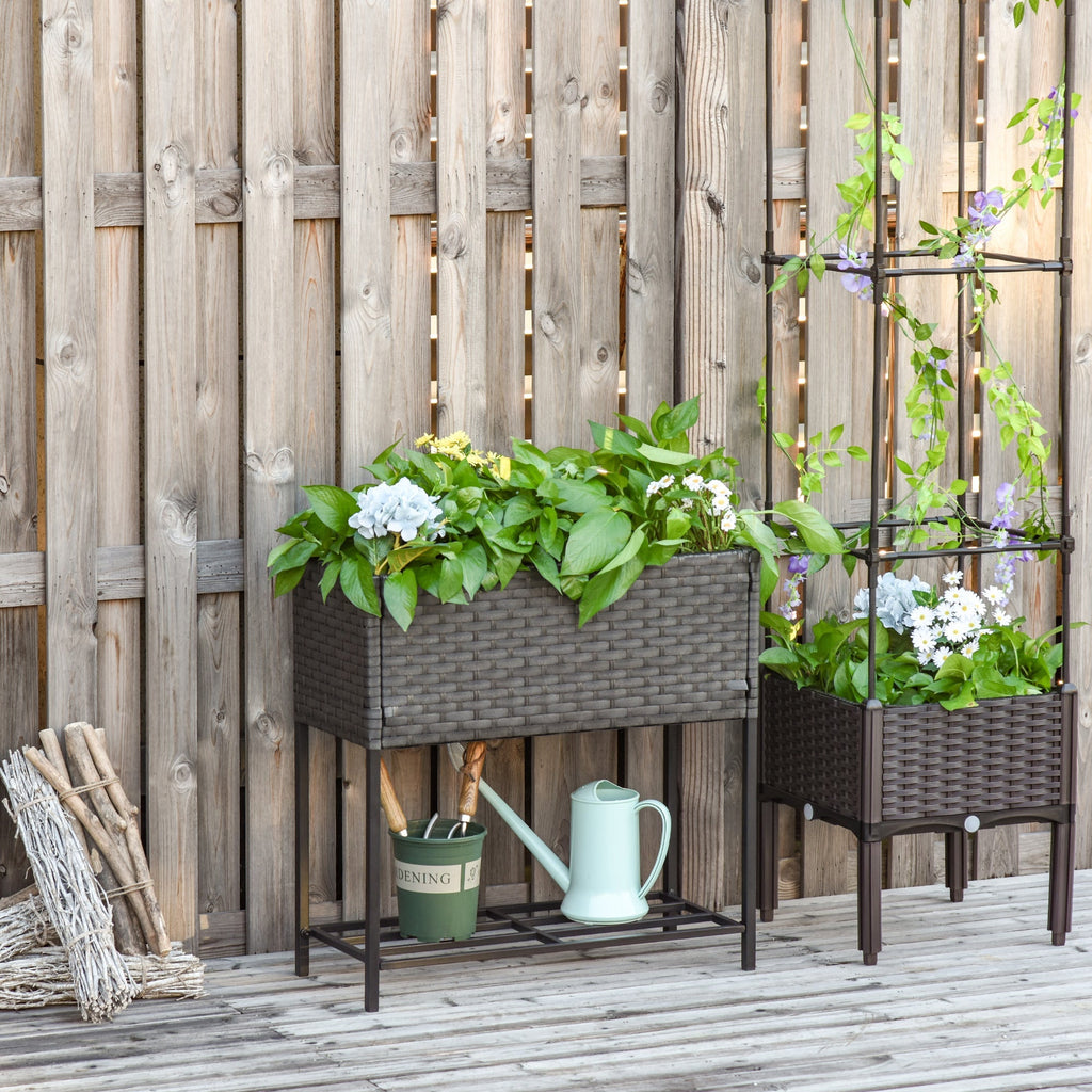 Raised Garden Bed, Wicker-Effect Planter with Shelf, Raised Garden Bed for Indoor and Outdoor Use, Grey (70cm x 30cm x 72cm) - Borge' Group Limited