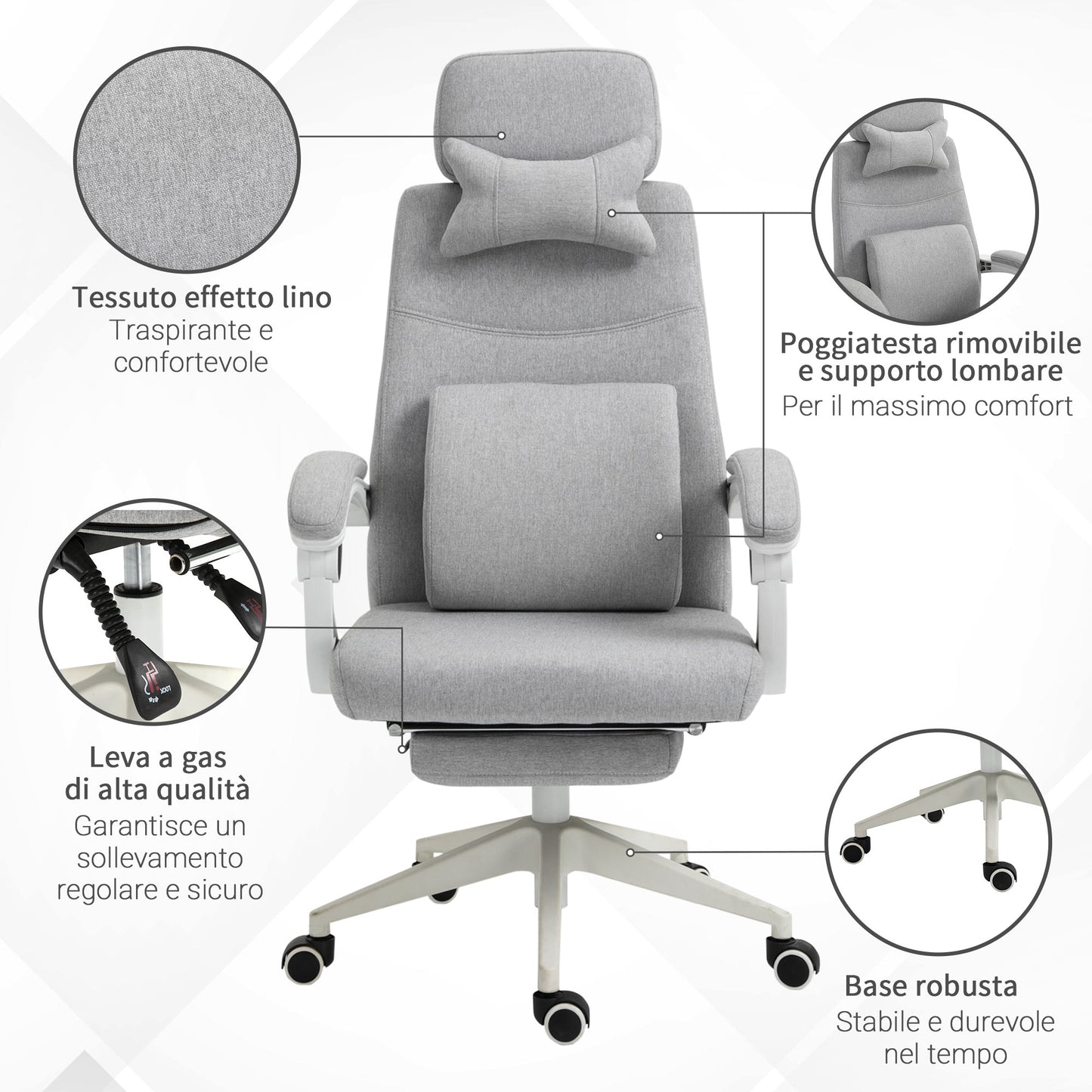 Ergonomic office armchair, lumbar cushion, pest and removable footrest, Grey 62x68x117-127cm - Borgè