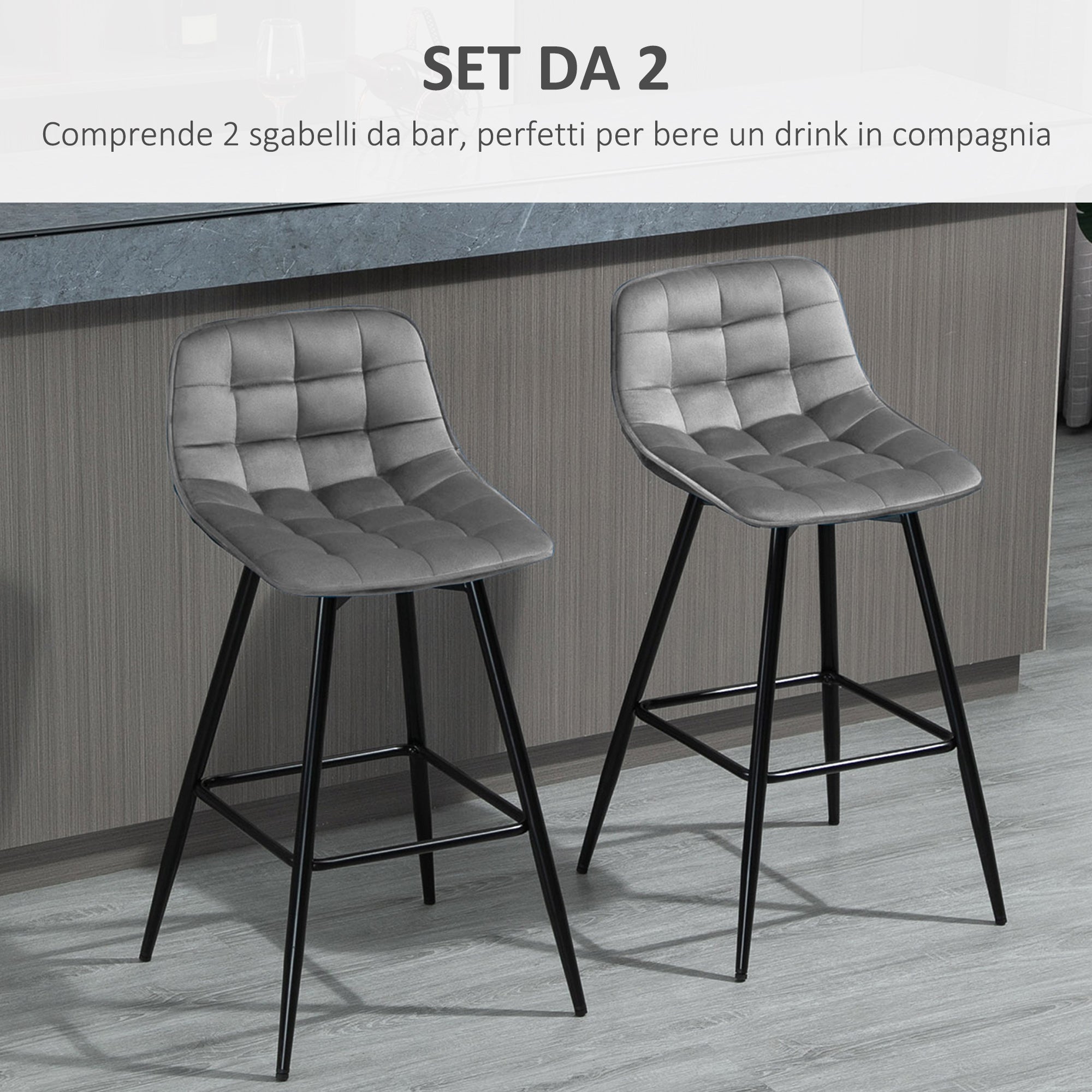 Set 2 stools from bar stuffed chairs Nordic style Grey velvet - Borgè