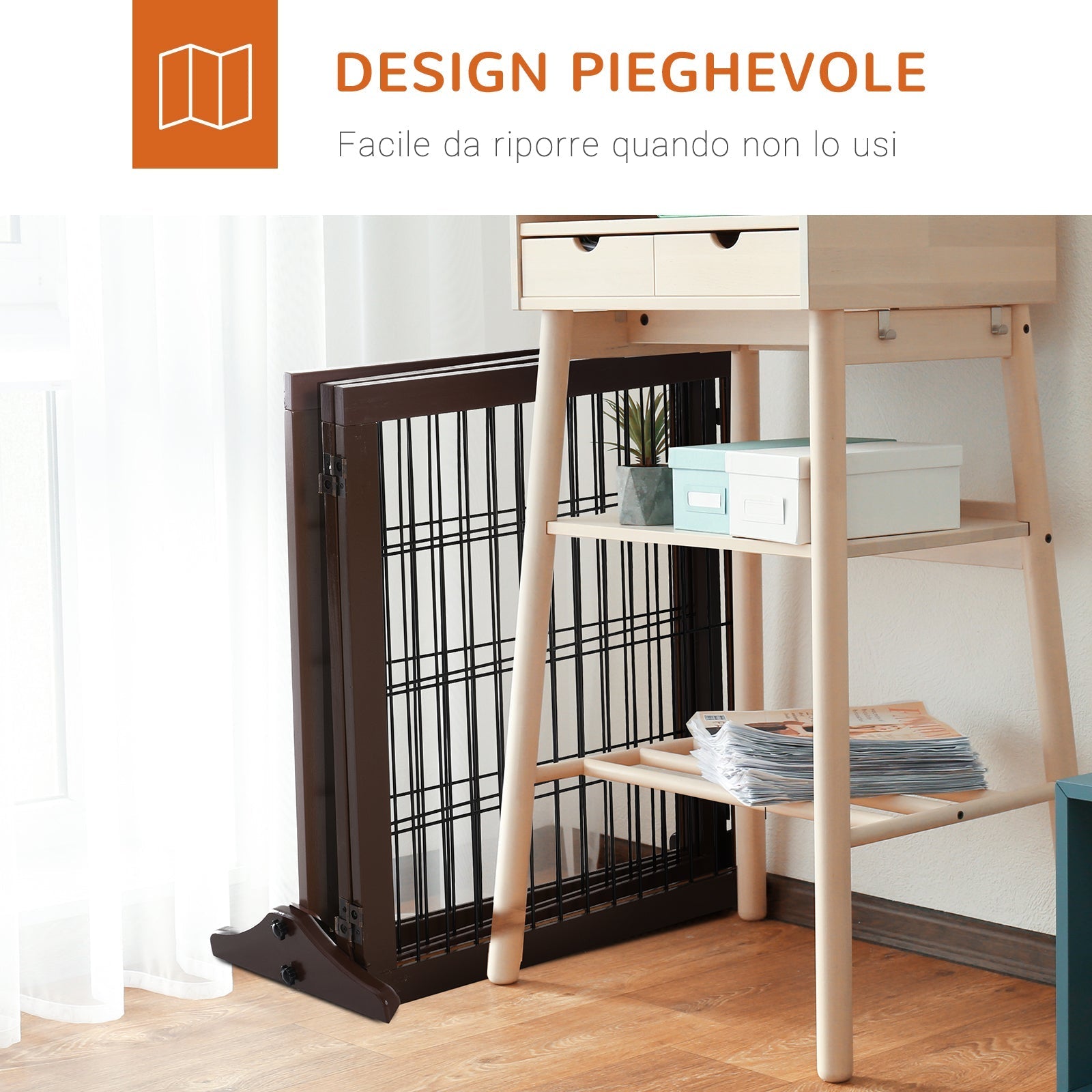 Pawhut folding and adjustable gate in pine wood and metal with stable base, for dogs and puppies, 185x36x71cm - Borgè