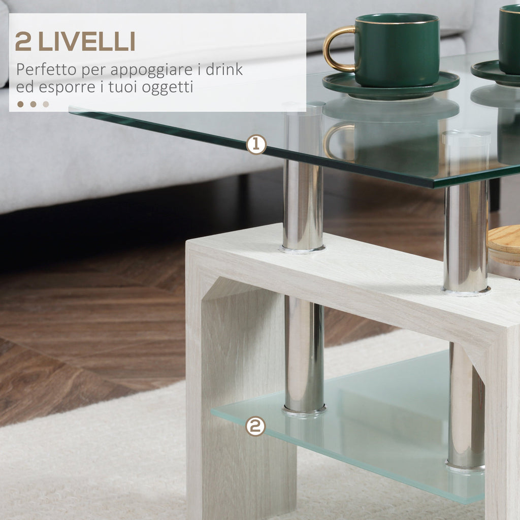 Modern coffee table with 2 levels in glass and wood, 90x50x42cm, white - Borgè
