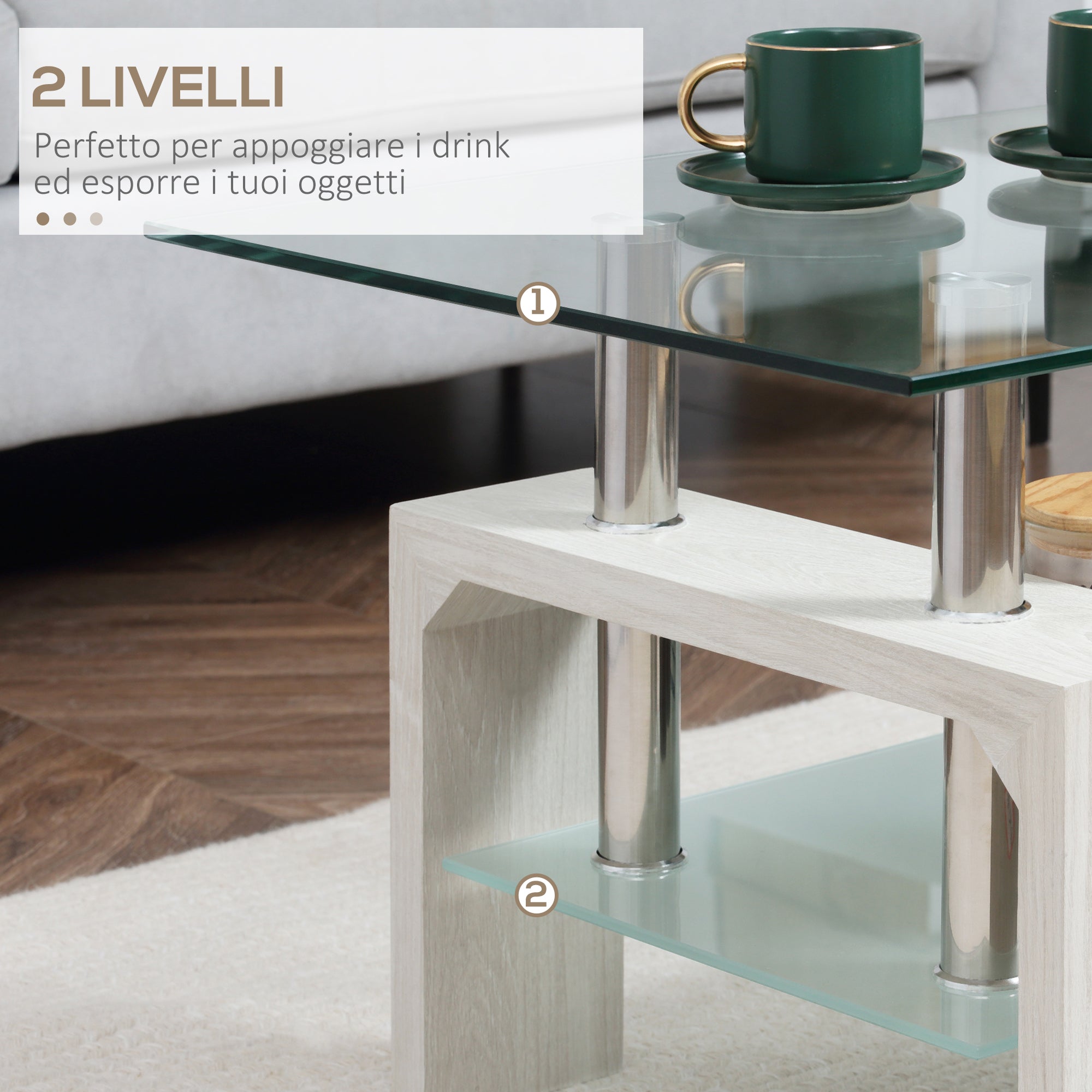 Modern coffee table with 2 levels in glass and wood, 90x50x42cm, white - Borgè