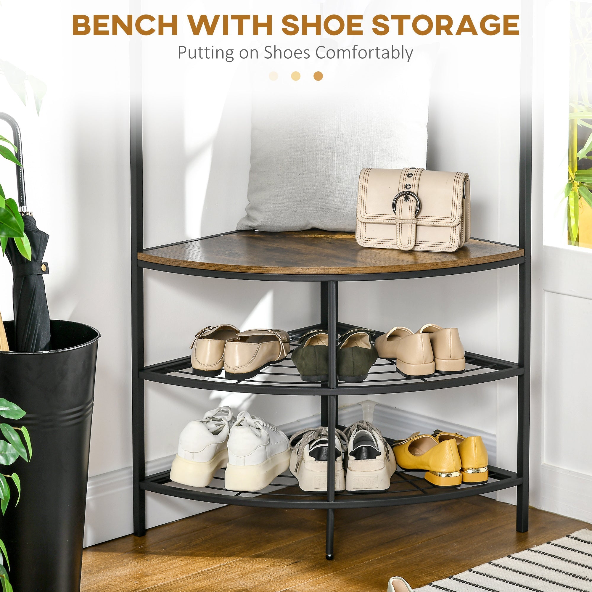 Hanging from angular earth with bench and industrial style shoe rack, 50x50x183cm, brown - Borgè