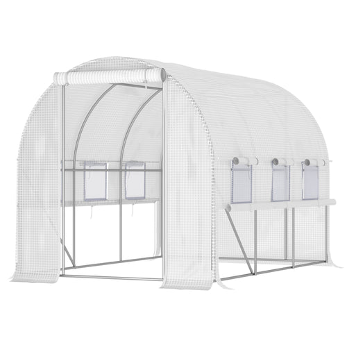 3x2x2m Steel Greenhouse with PE Cover, Zip Doors and Mesh Windows, White - Borge' Group Limited