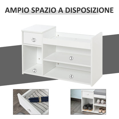 Bench Shoeing with pillow, drawer and 3 open in wooden rooms, 81x31.5x49cm, white - Borgè