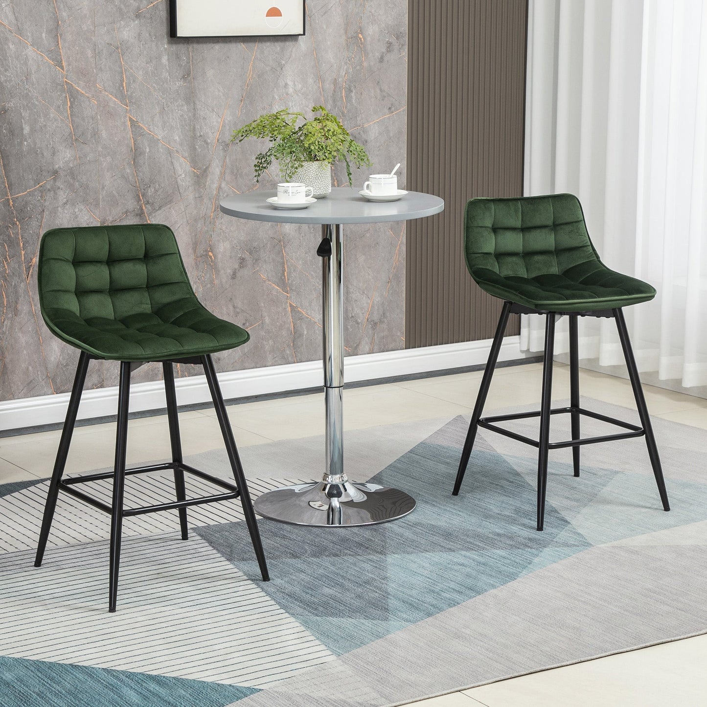 Set of 2 Nordic Style Metal and Velvet Bar Stools with Backrest and Footrest, Green, 45x47x84cm - Borgè