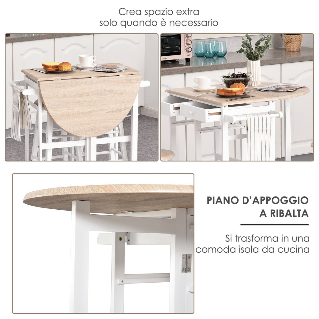 Folding Kitchen Cart with 2 White MDF wooden stools - Borgè