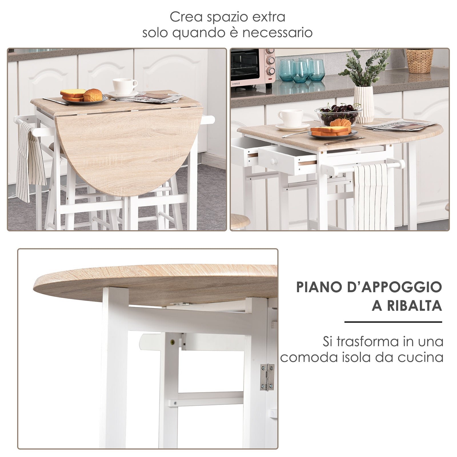Folding Kitchen Cart with 2 White MDF wooden stools - Borgè
