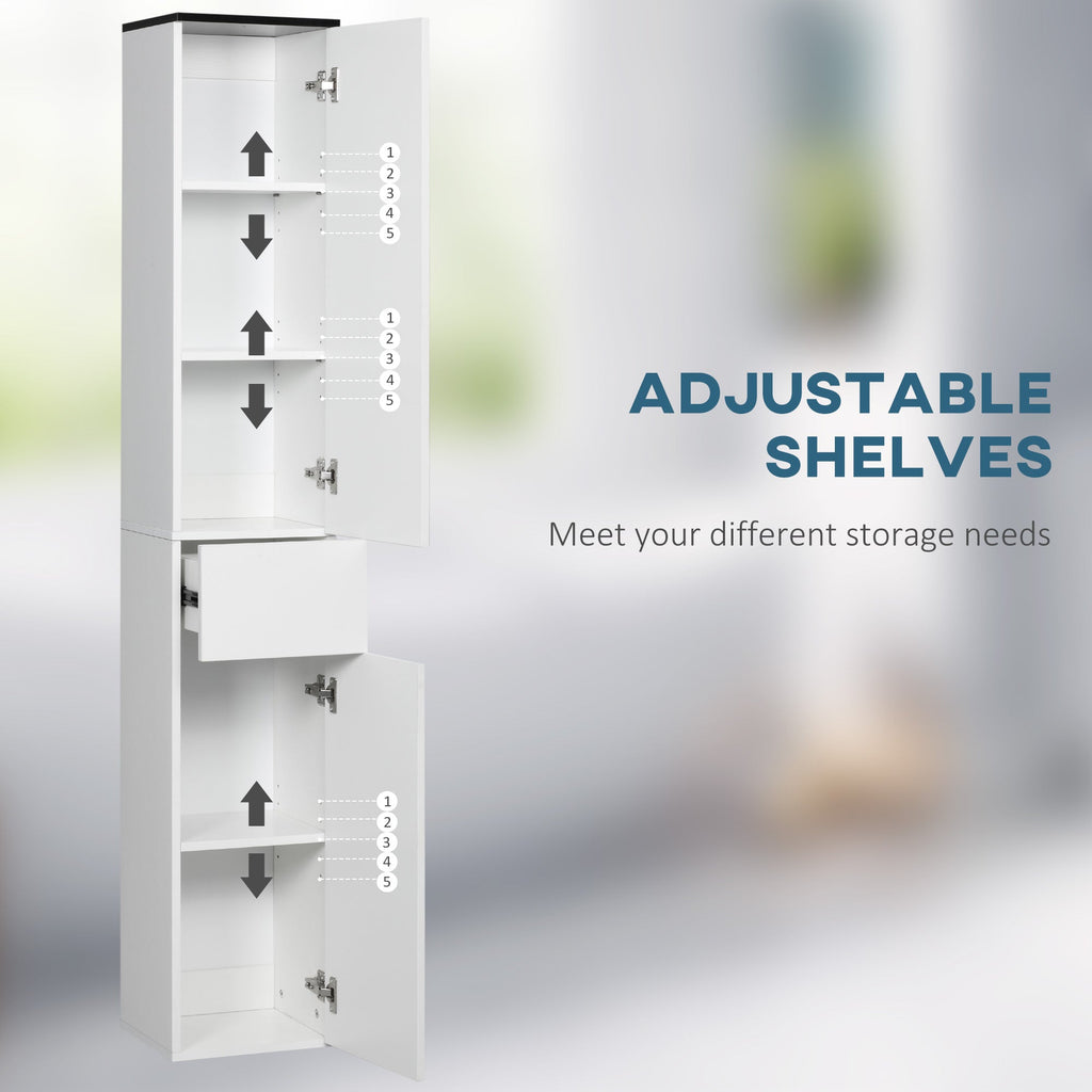 Kleankin Bathroom cabinet with adjustable shelf, 2 closed shelves and a wooden drawer, 30x28x180 cm, white - Borgè