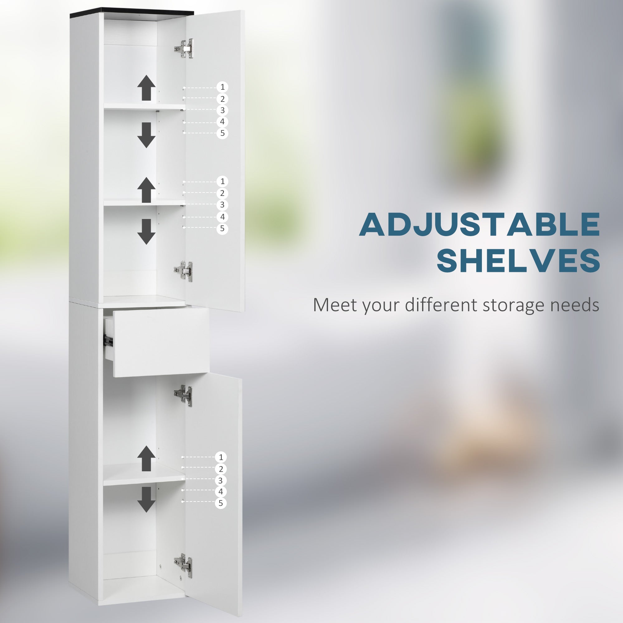 Kleankin Bathroom cabinet with adjustable shelf, 2 closed shelves and a wooden drawer, 30x28x180 cm, white - Borgè