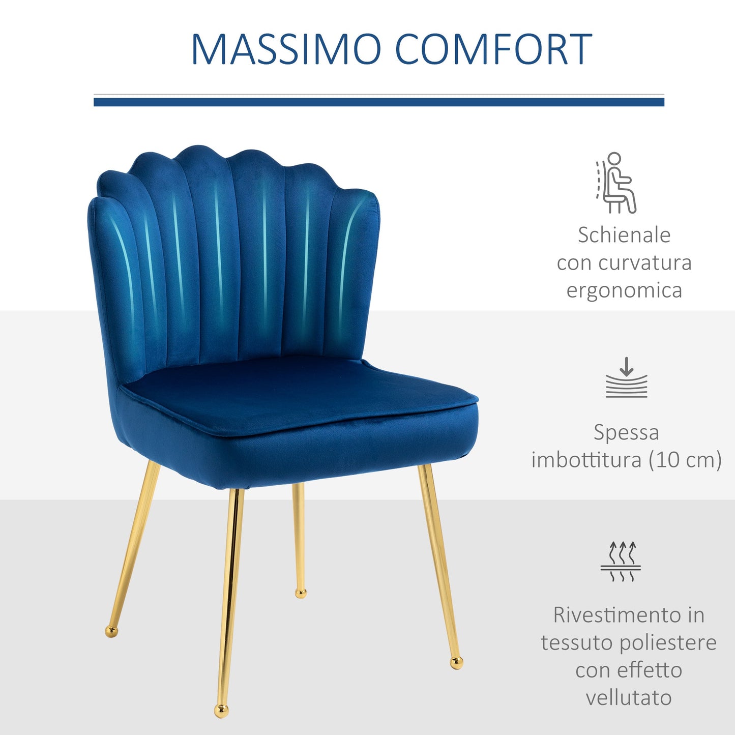 Set 2 modern and padded chairs for living room or living room with velvet effect coating, 57x58x88cm - blue - Borgè