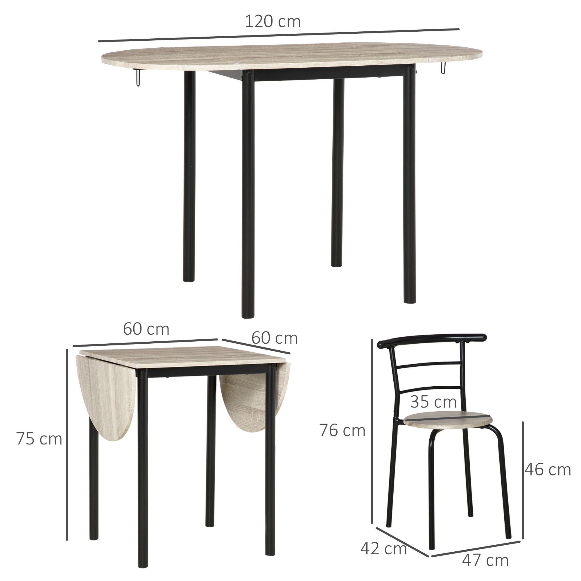 Set Dining 3 pieces with 2 chairs and 1 oval dining table in MDF and steel for limited spaces, wood color - Borgè