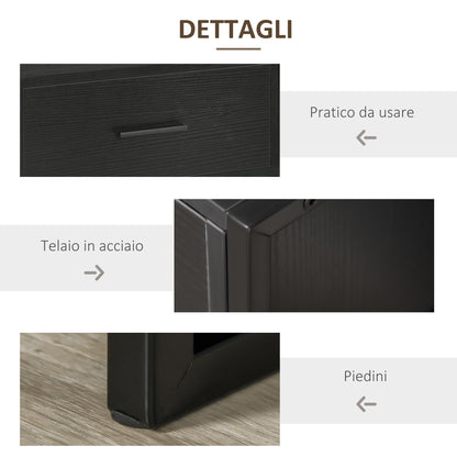 Modern bedside table set 2 pieces with drawer and open shelf, in mdf and steel, 45x40x60cm, black - Borgè