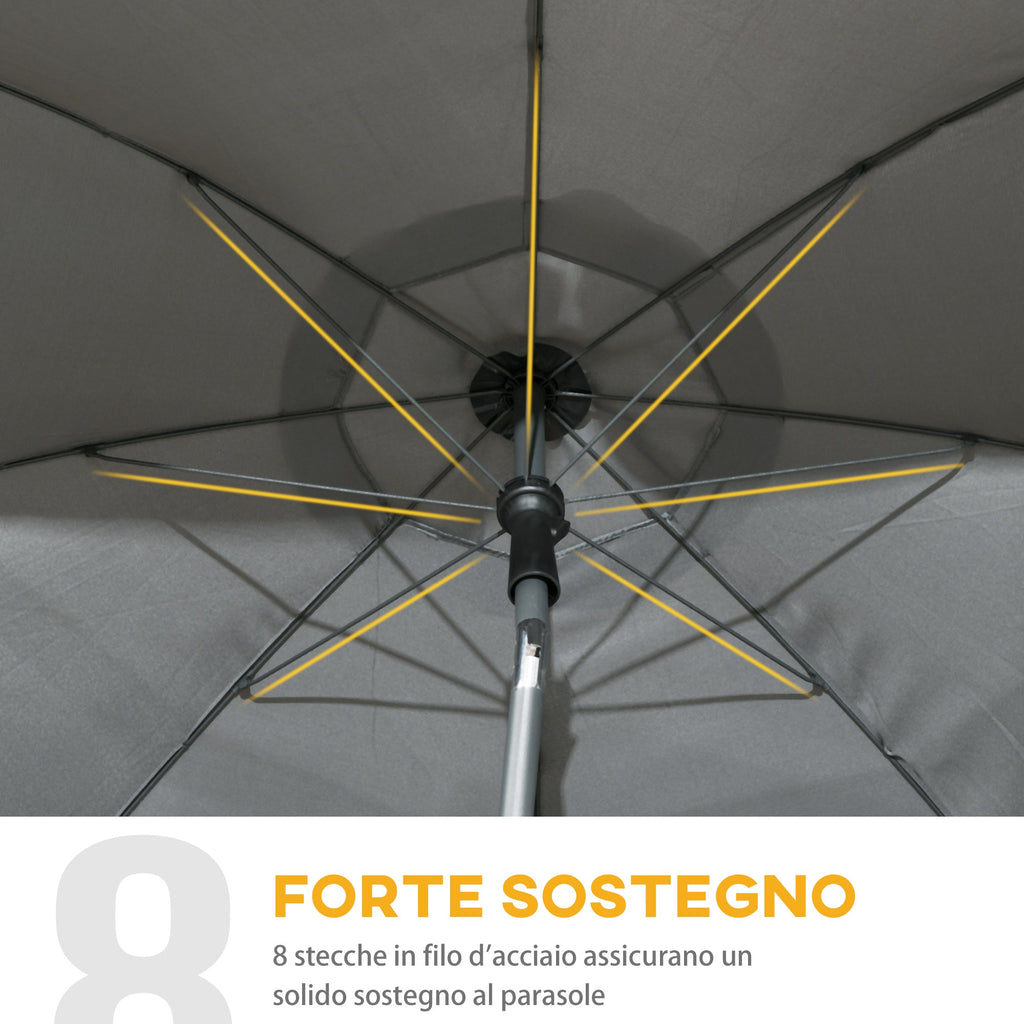 Beach Umbrella 1.8x2 m, in Polyester and Steel with 8 Ribs and 45° Reclining, Grey - Borge' Group Limited