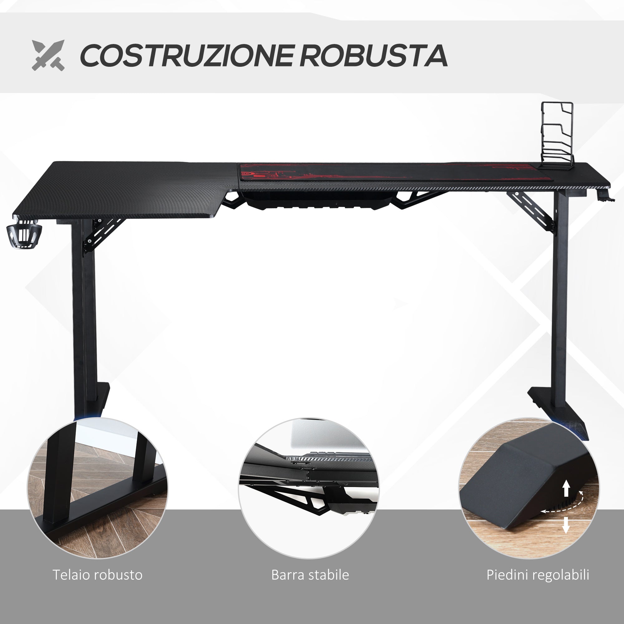 Corner Desk in Black for Gaming and Office with gamepad support and mat - Borgè
