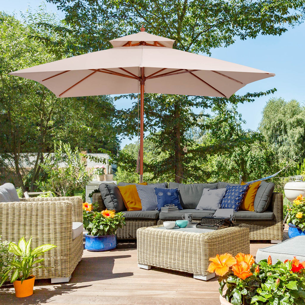 3x3m Garden Umbrella with 8 Bamboo Ribs and 2-Tier Parasol Cover, Cream - Borge' Group Limited