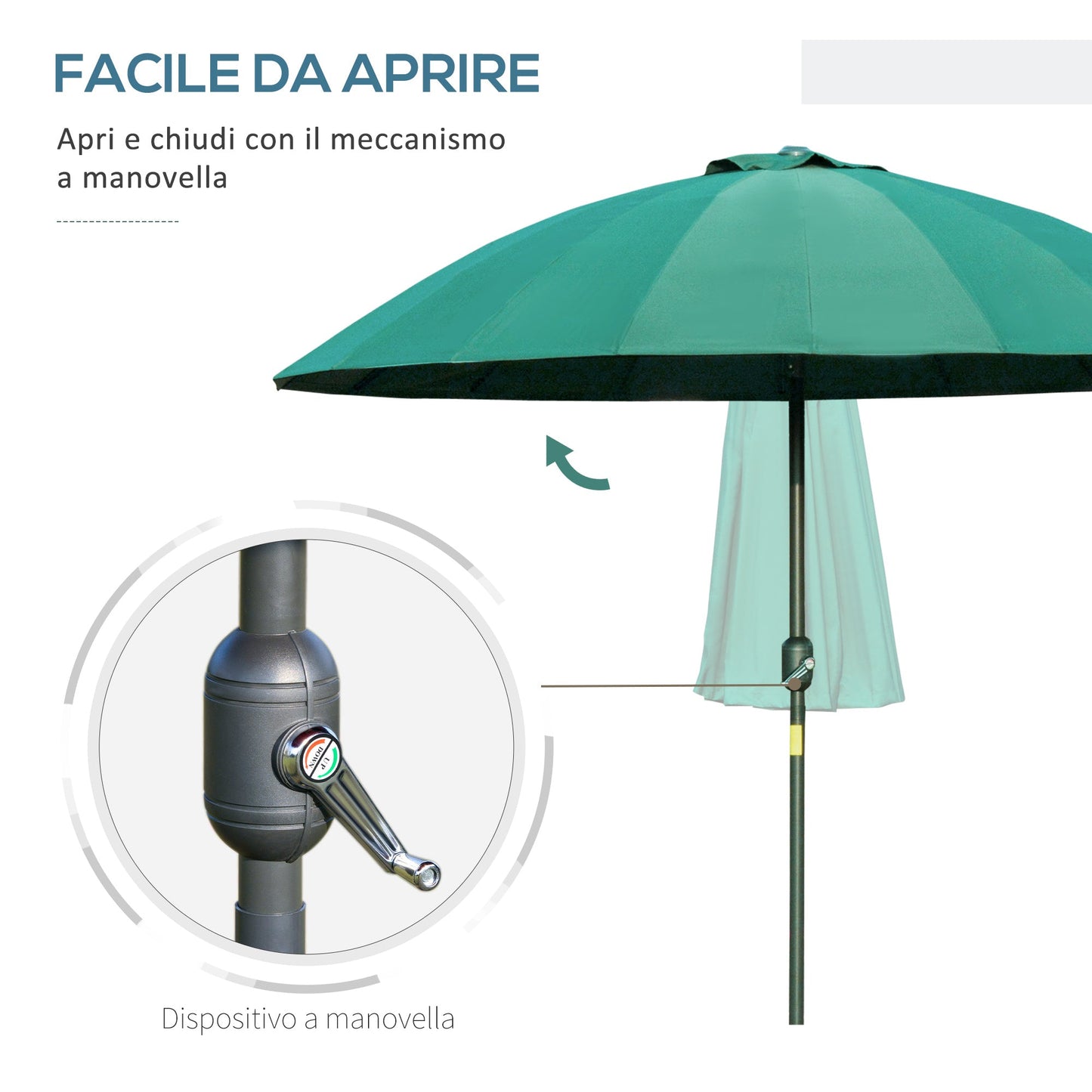 Outsunny Garden umbrella and terrace with crank, 18 sticks and tilted head, ф250x240cm green - Borgè