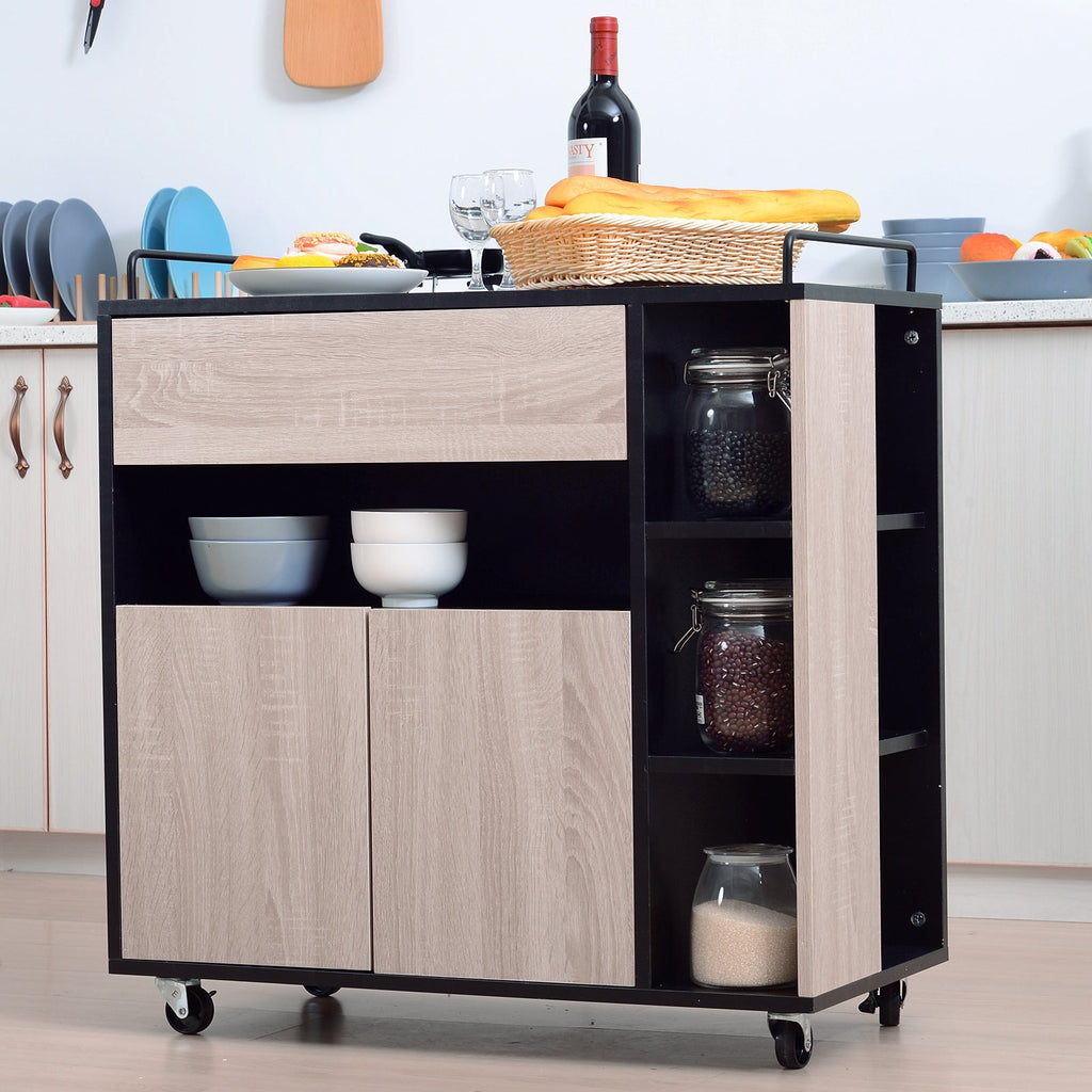 Kitchen Cabinet with drawers and wooden wheels, oak and black 76.5x40x82cm - Borgè