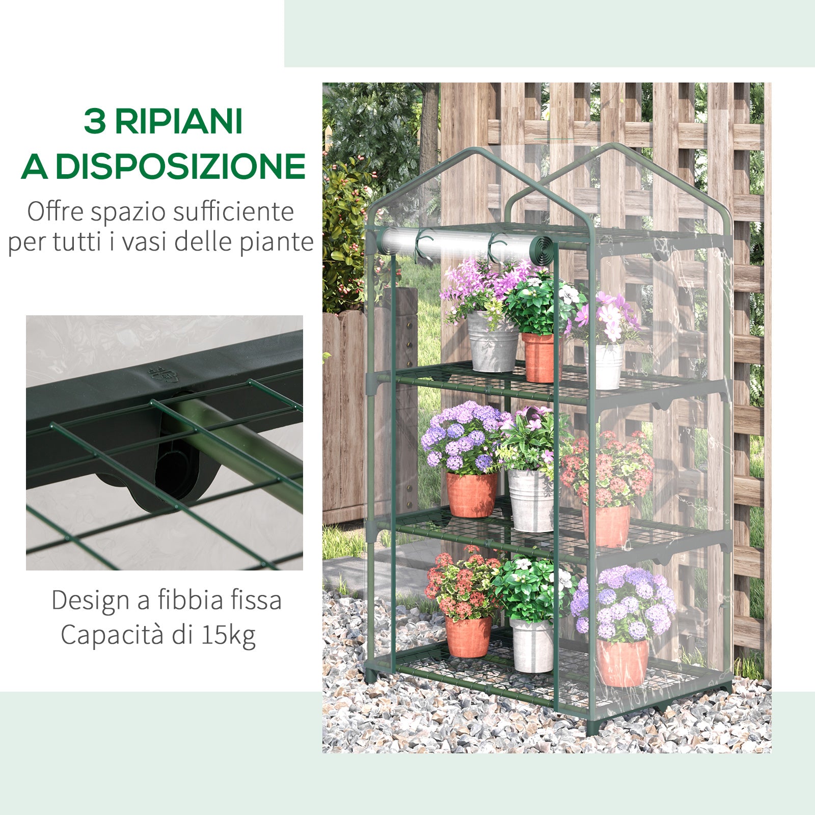 Outsunny mini greenhouse with plastic cover, steel frame with 3 shelves, 69x49x125cm, transparent - Borgè