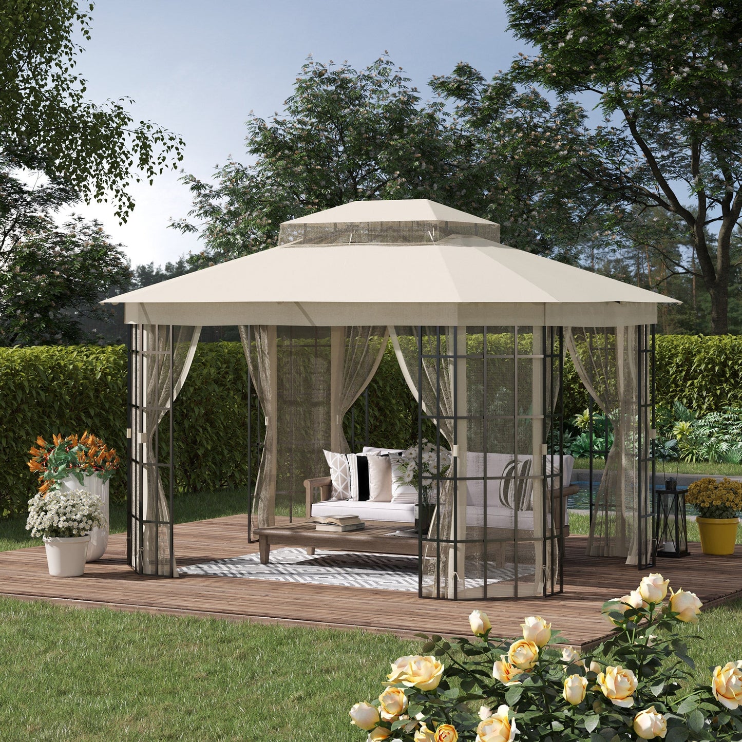 Outsunny garden gazebo with mosquito net and 2 levels in polyester levels, metal structure, 3.65x3m, beige - Borgè