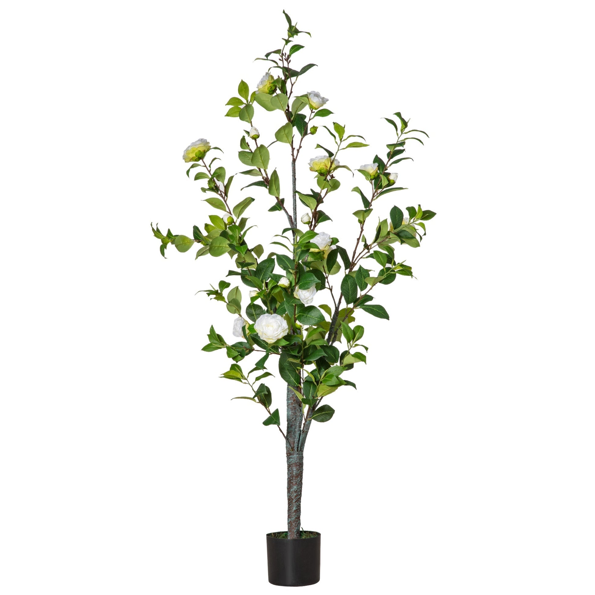 Fake Camelia tree plant with vase and 25 flowers for interior and outdoor, height 150cm - green/white - Borgè