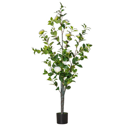 Fake Camelia tree plant with vase and 25 flowers for interior and outdoor, height 150cm - green/white - Borgè