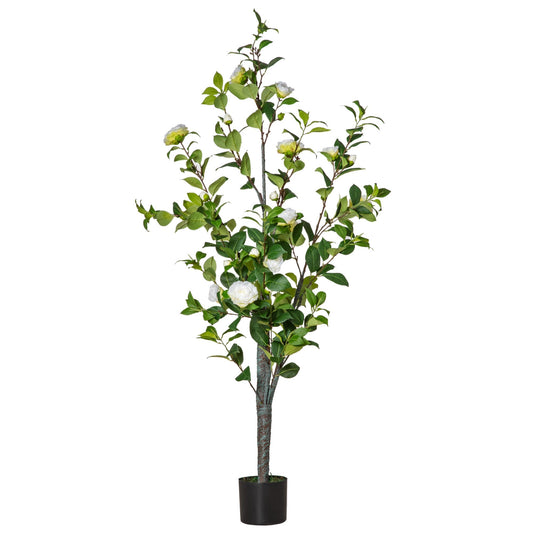 Fake Camelia tree plant with vase and 25 flowers for interior and outdoor, height 150cm - green/white