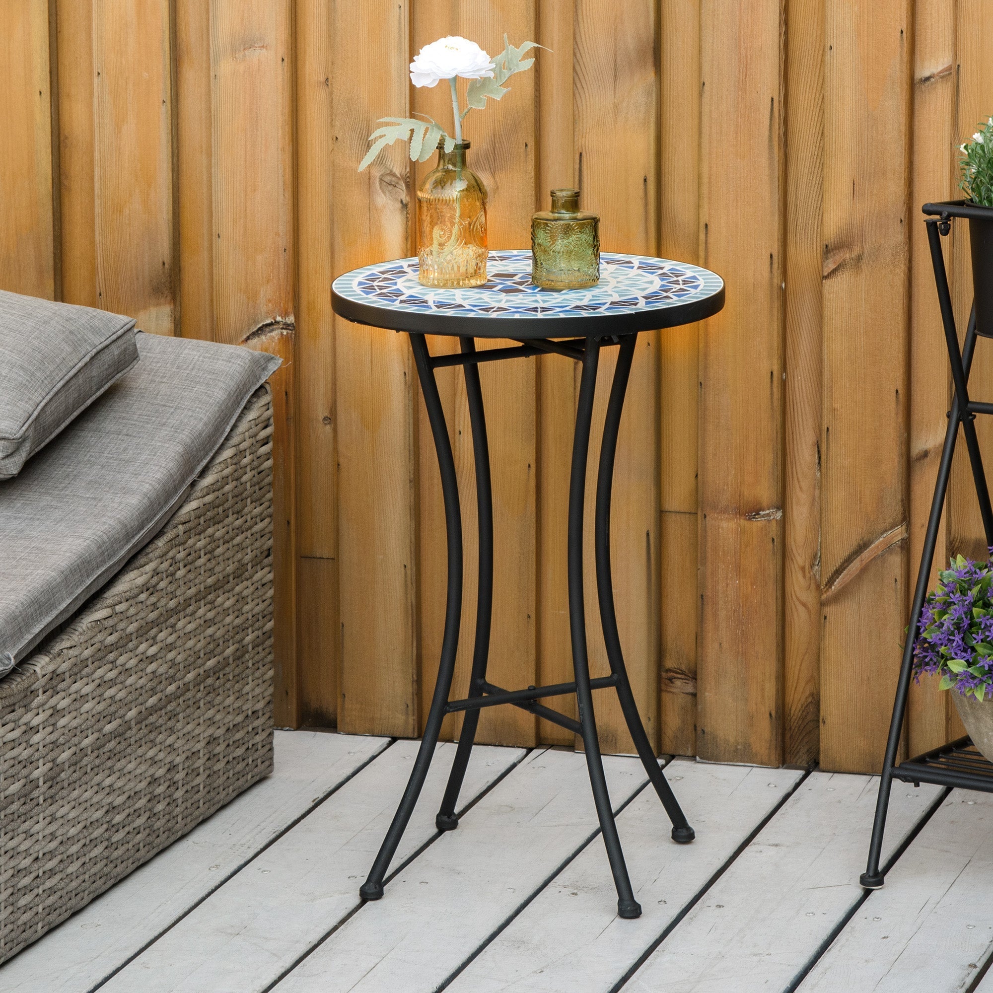 Round Metal Garden Coffee Table with Ceramic Top, Mosaic Design, Ф35.5x53.5cm, Blue - Borge' Group Limited