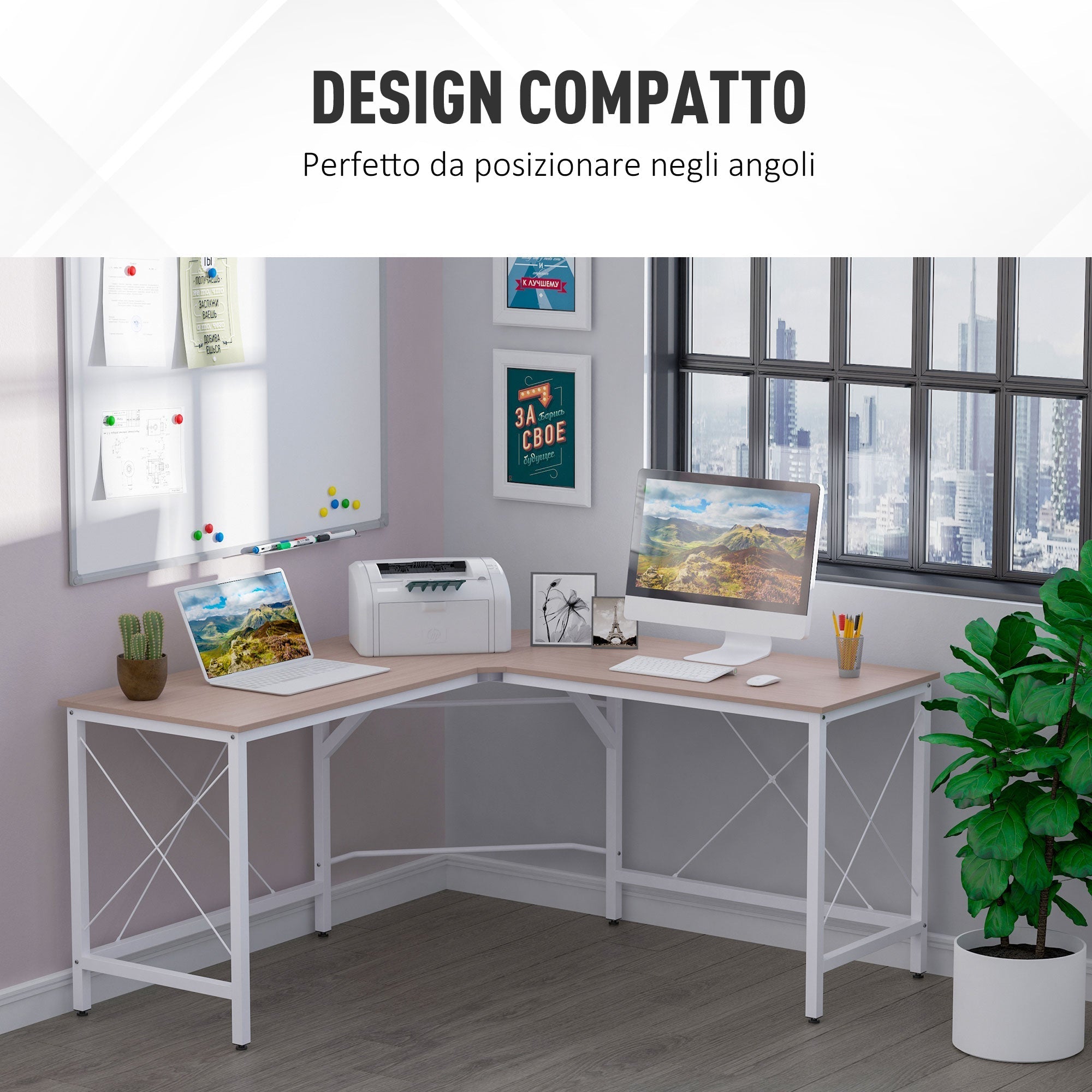 Desk spacious corner of wood and metal, oak and white - Borgè