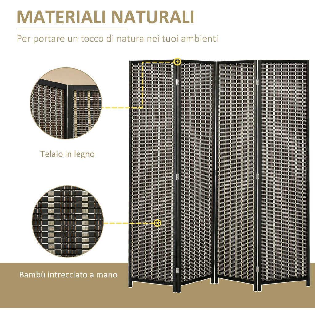 Indoor Room Divider, 4-Panel Folding Screen, Wooden and Bamboo Room Divider, 180x180x1.9cm, Black and Brown - Borgè